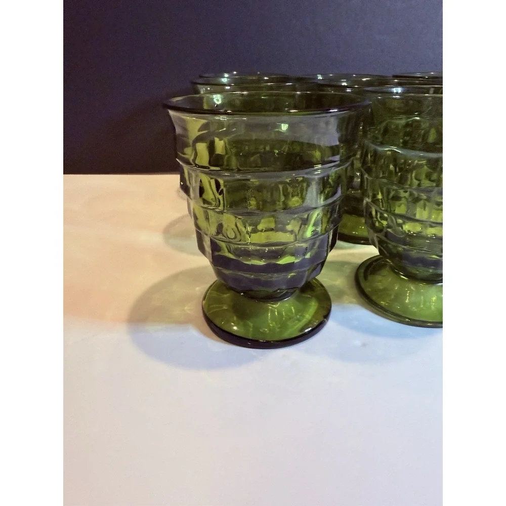 Vtg Indiana Glass Whitehall Cubist Olive Green Set of 12 Pedestal Water Goblets